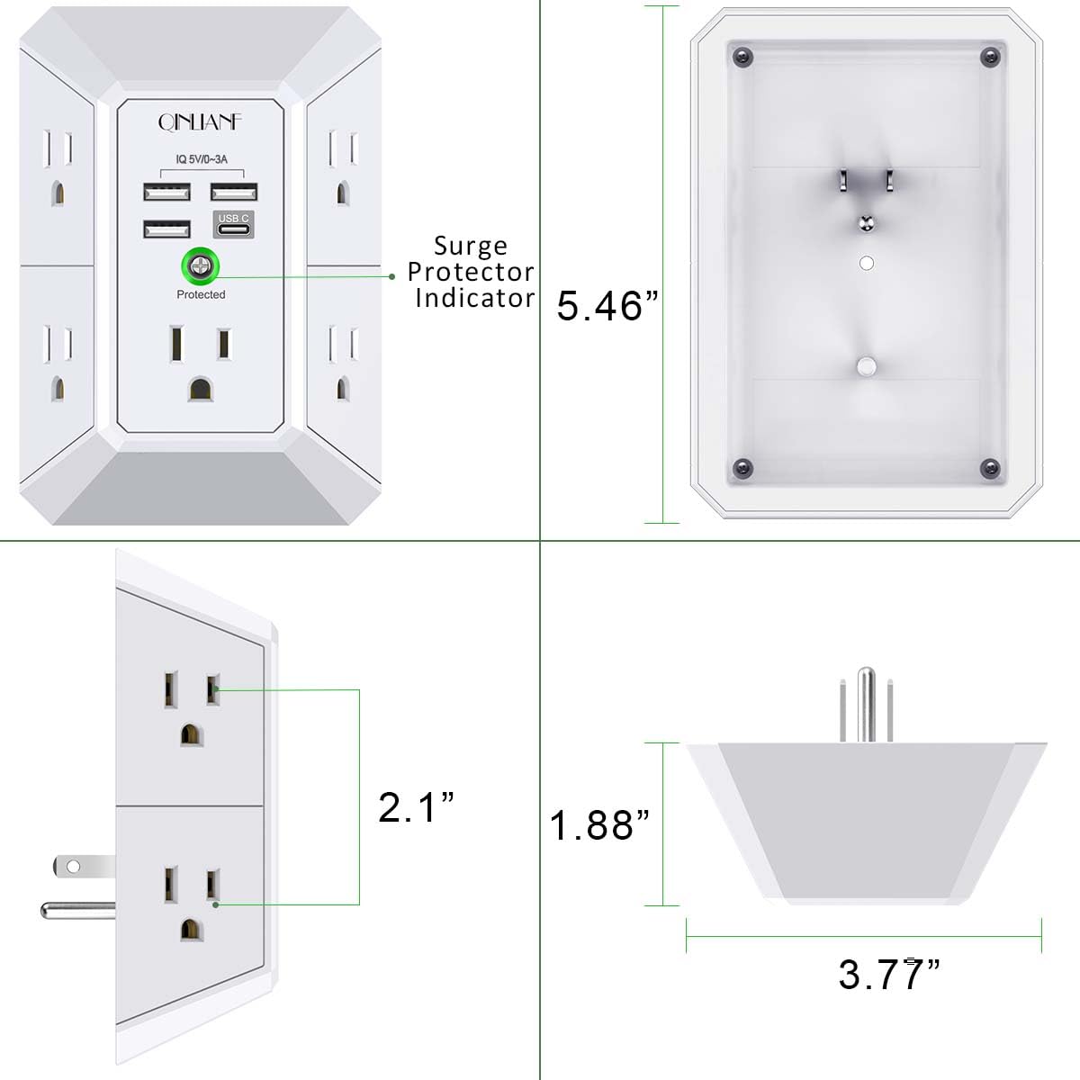 Wall Charger, Surge Protector, QINLIANF 5 Outlet Extender with 4 USB Charging Ports