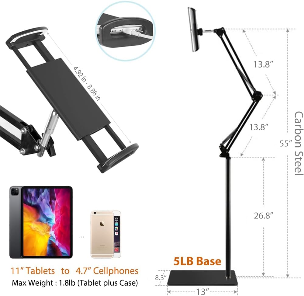 Adjustable Tablet & Phone Floor Stand with Heavy Metal Base