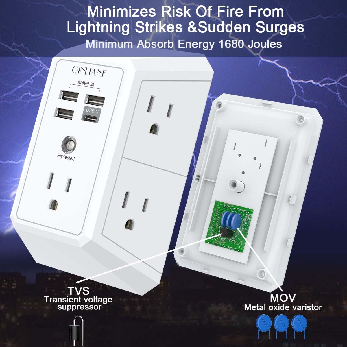 Wall Charger, Surge Protector, QINLIANF 5 Outlet Extender with 4 USB Charging Ports