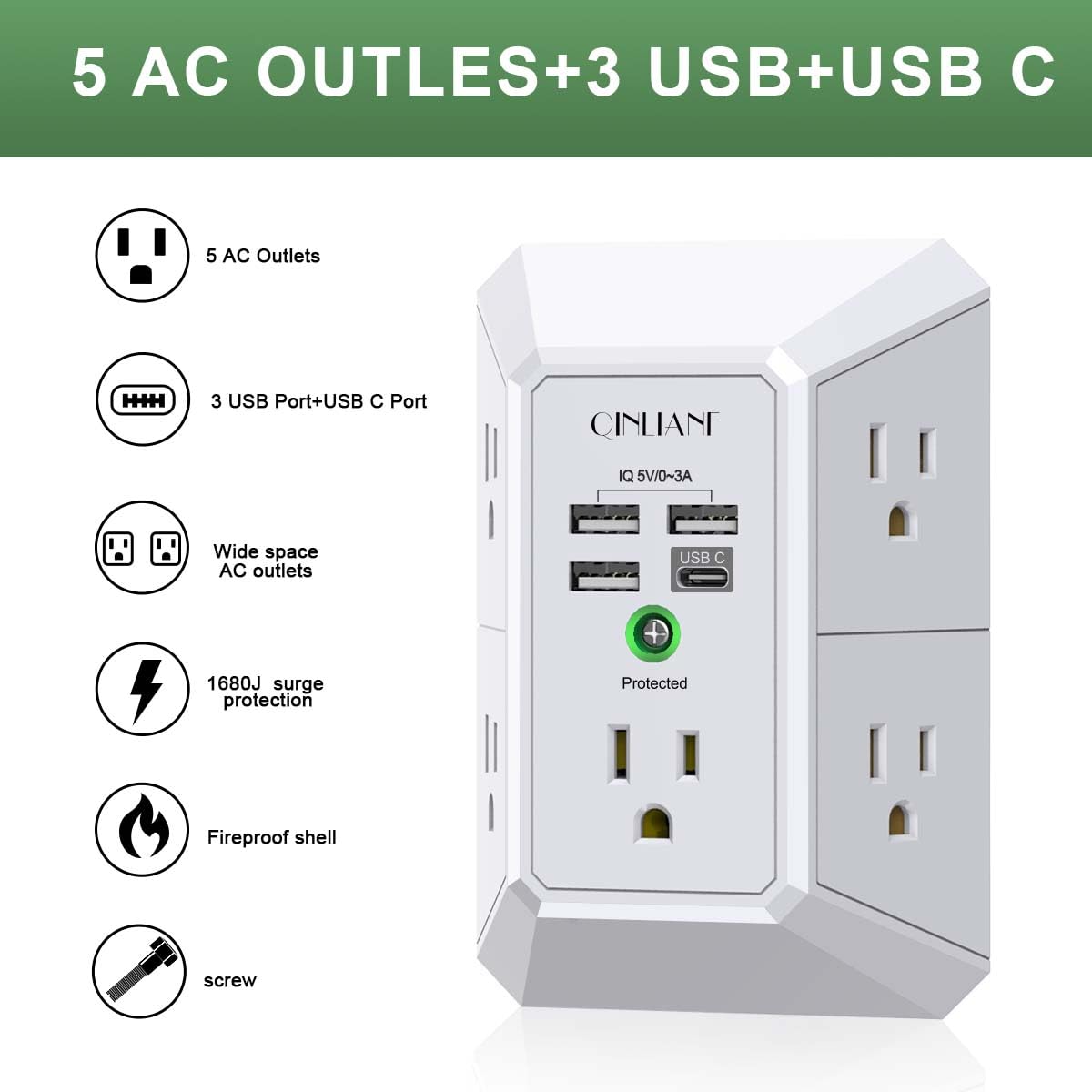 Wall Charger, Surge Protector, QINLIANF 5 Outlet Extender with 4 USB Charging Ports