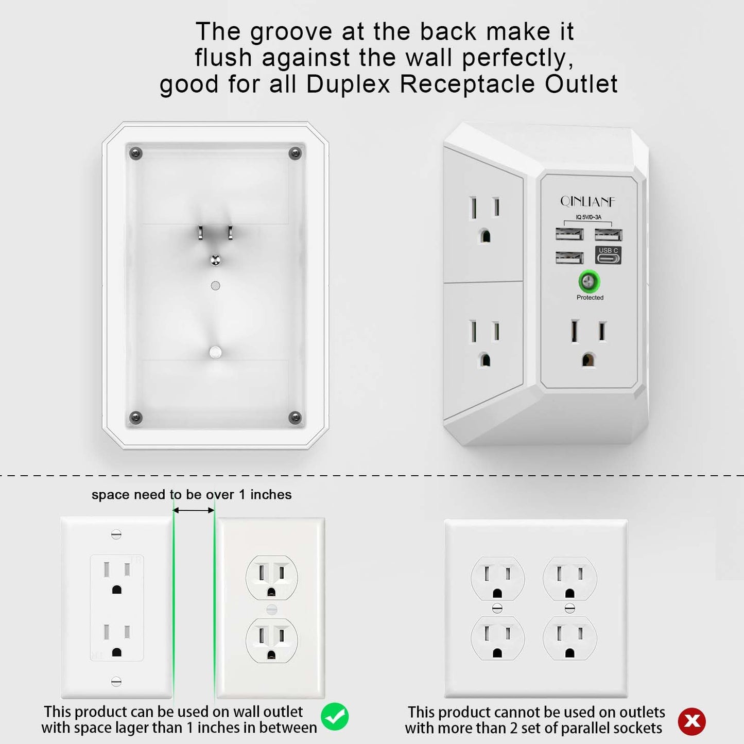 Wall Charger, Surge Protector, QINLIANF 5 Outlet Extender with 4 USB Charging Ports