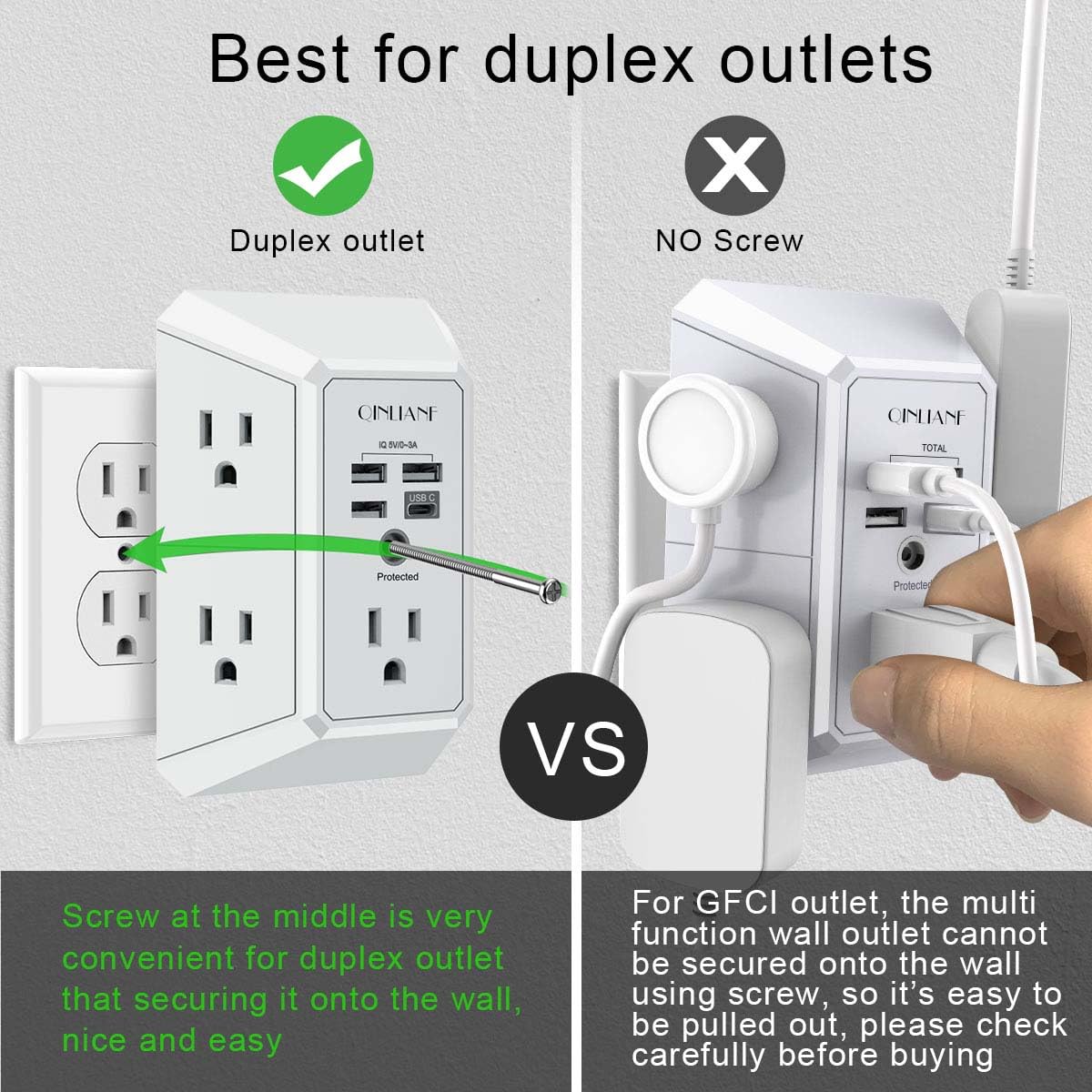 Wall Charger, Surge Protector, QINLIANF 5 Outlet Extender with 4 USB Charging Ports