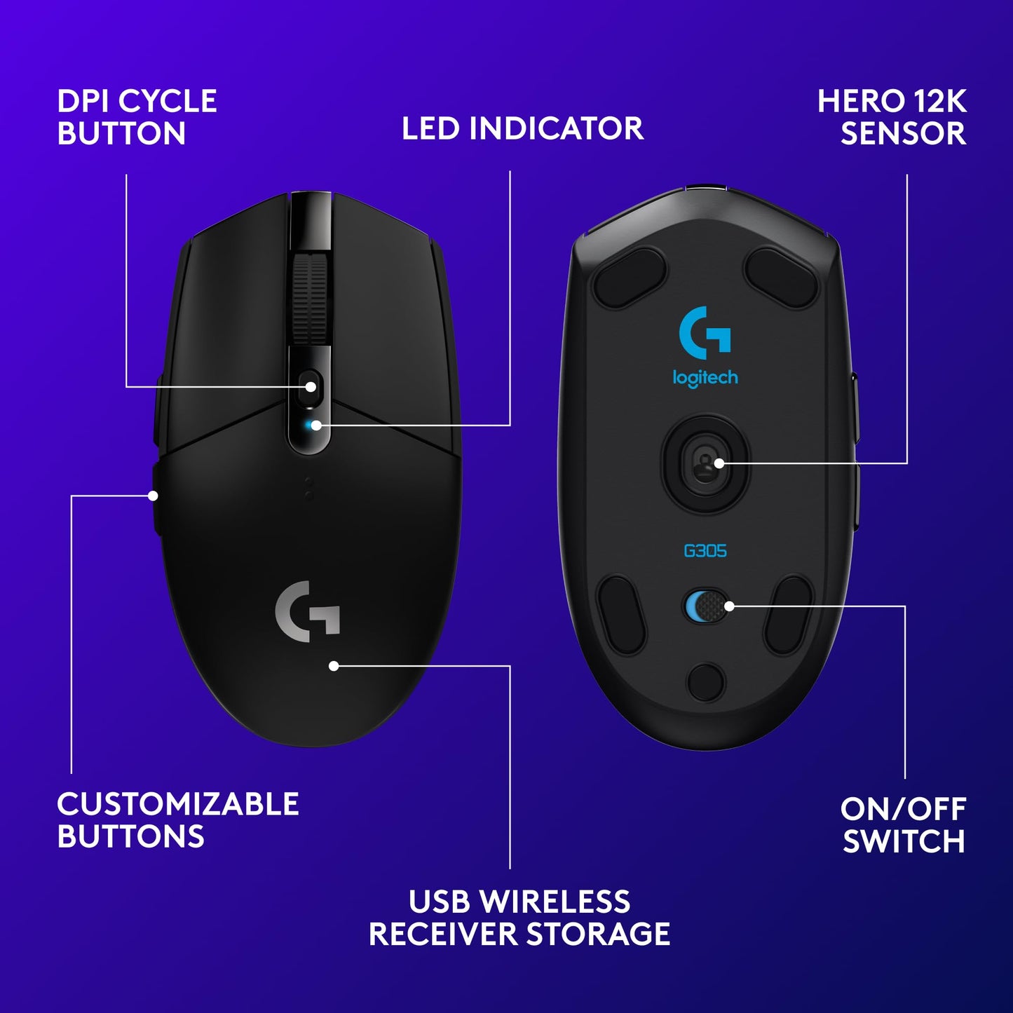 Logitech G305 Lightspeed Wireless Gaming Mouse, Hero Sensor, 12,000 DPI