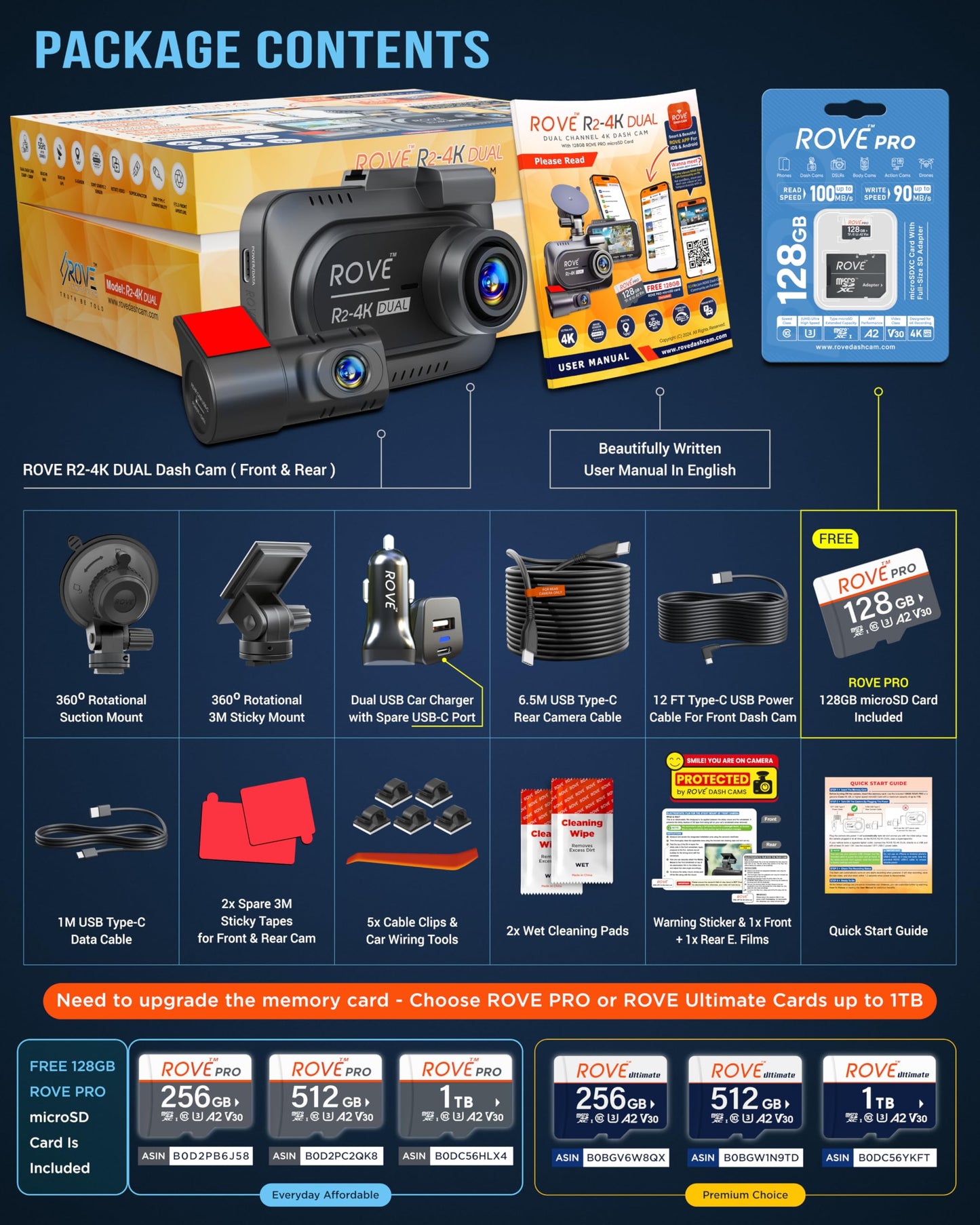 ROVE R2-4K DUAL Dash Cam Front and Rear