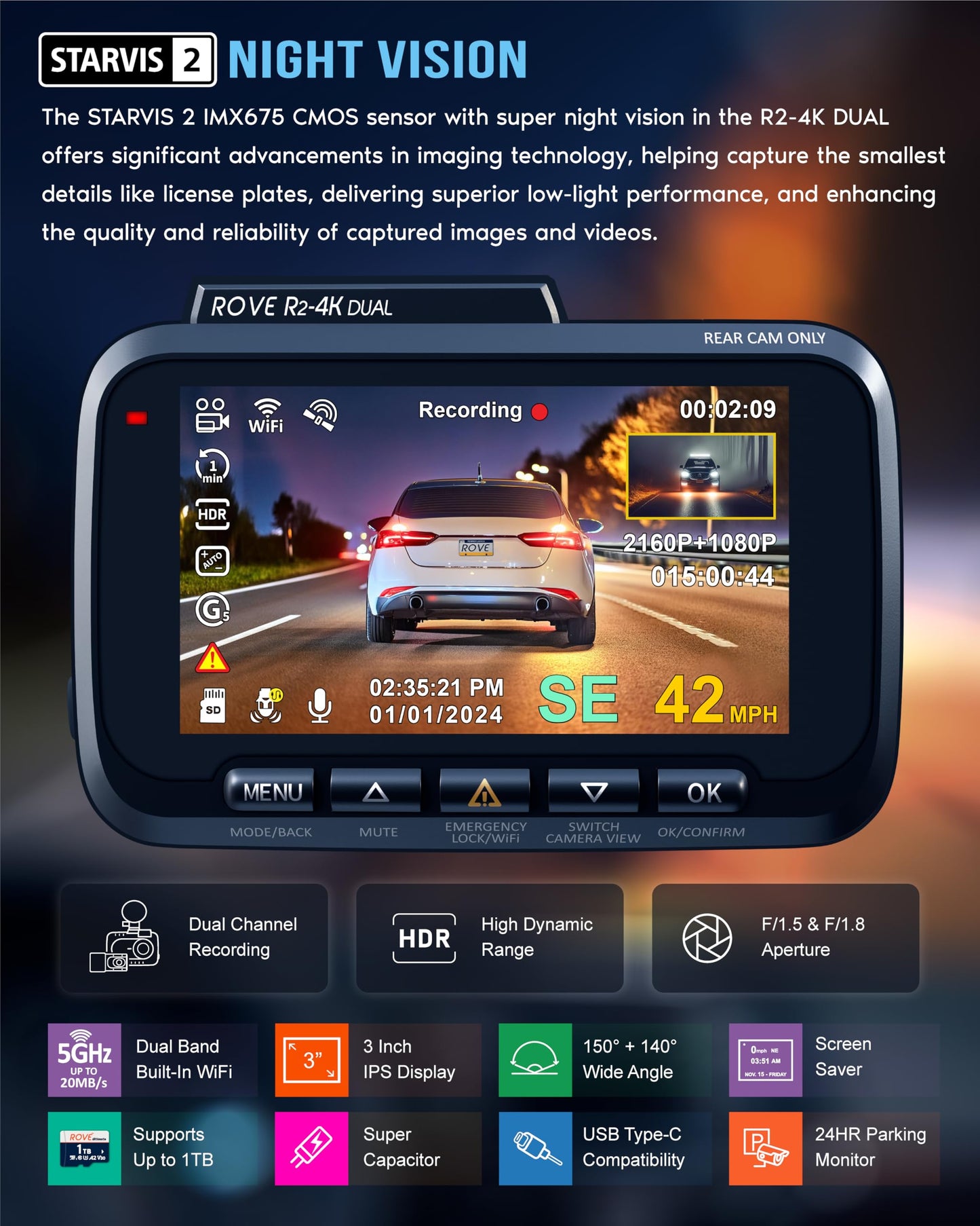 ROVE R2-4K DUAL Dash Cam Front and Rear